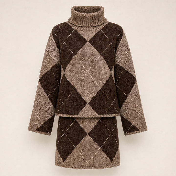 Ilvy Damen Strickset mit Rautenmuster, Rollkragenpullover und Minirock in Braun