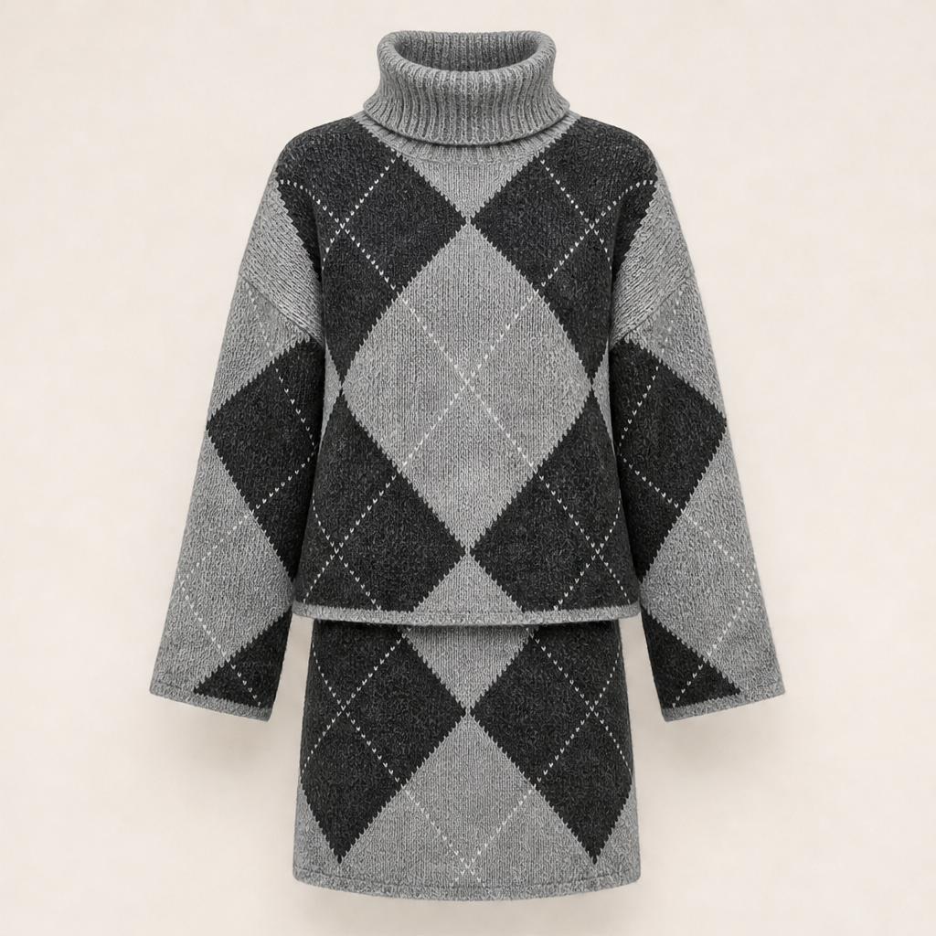 Ilvy Damen Strickset mit Rautenmuster, Rollkragenpullover und Minirock in Grau