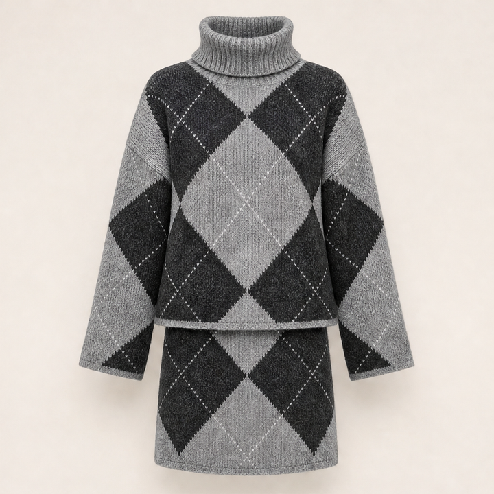 Ilvy Damen Strickset mit Rautenmuster, Rollkragenpullover und Minirock in Grau