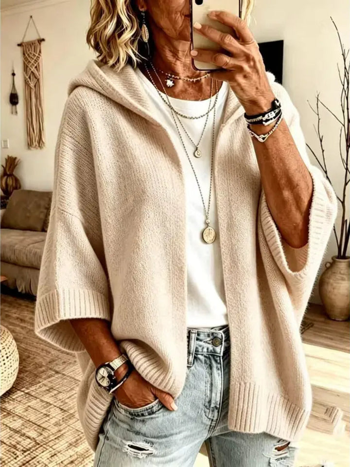 Ina Damen Kapuzen-Strickjacke mit Dreiviertelärmeln und offener Front – Aprikose