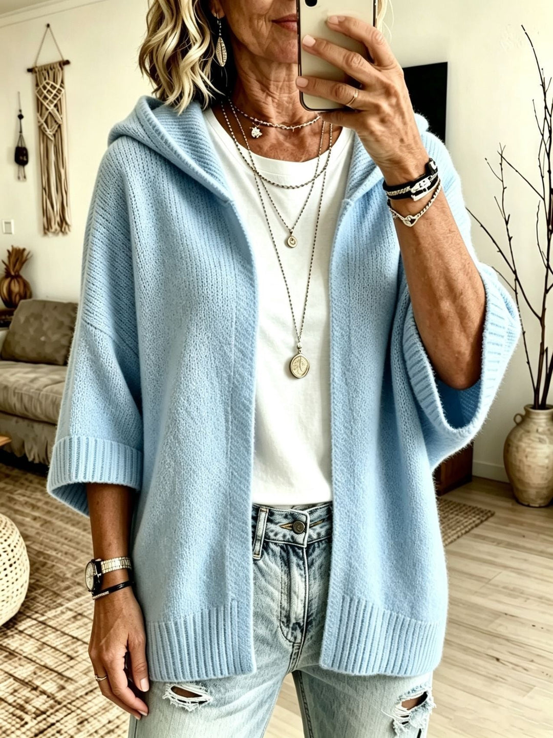Ina Damen Kapuzen-Strickjacke mit Dreiviertelärmeln und offener Front – Hellblau