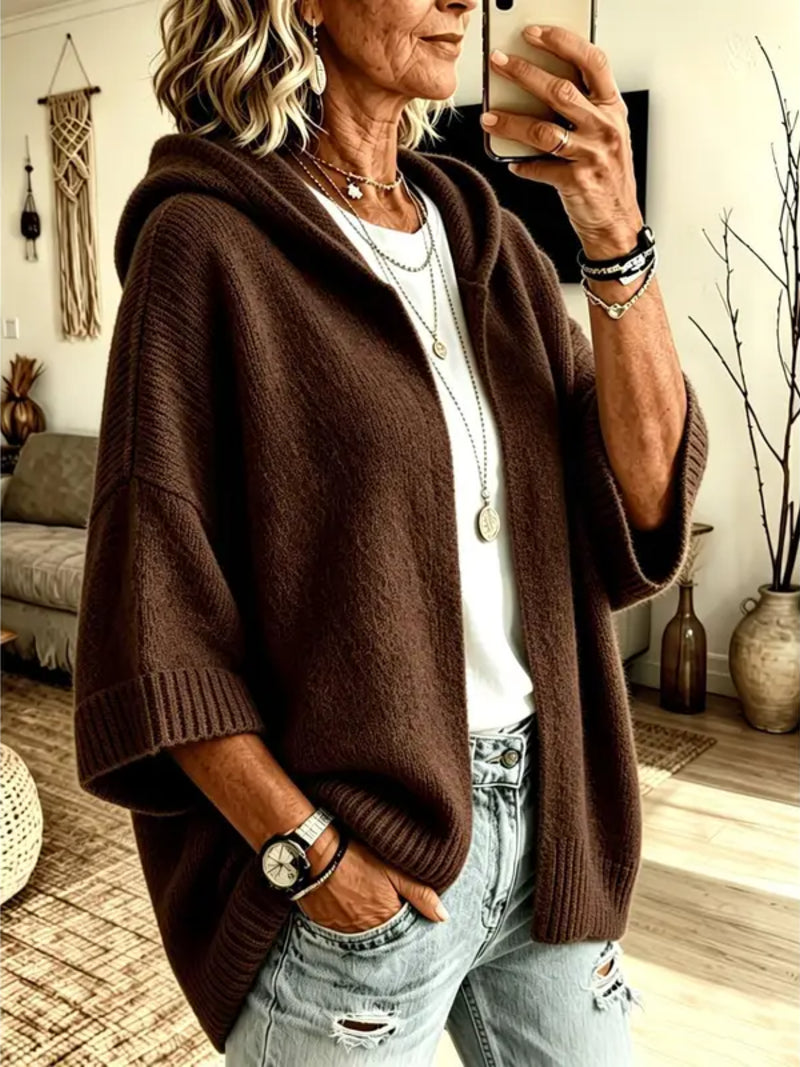 Ina Damen Kapuzen-Strickjacke mit Dreiviertelärmeln und offener Front – Mokka
