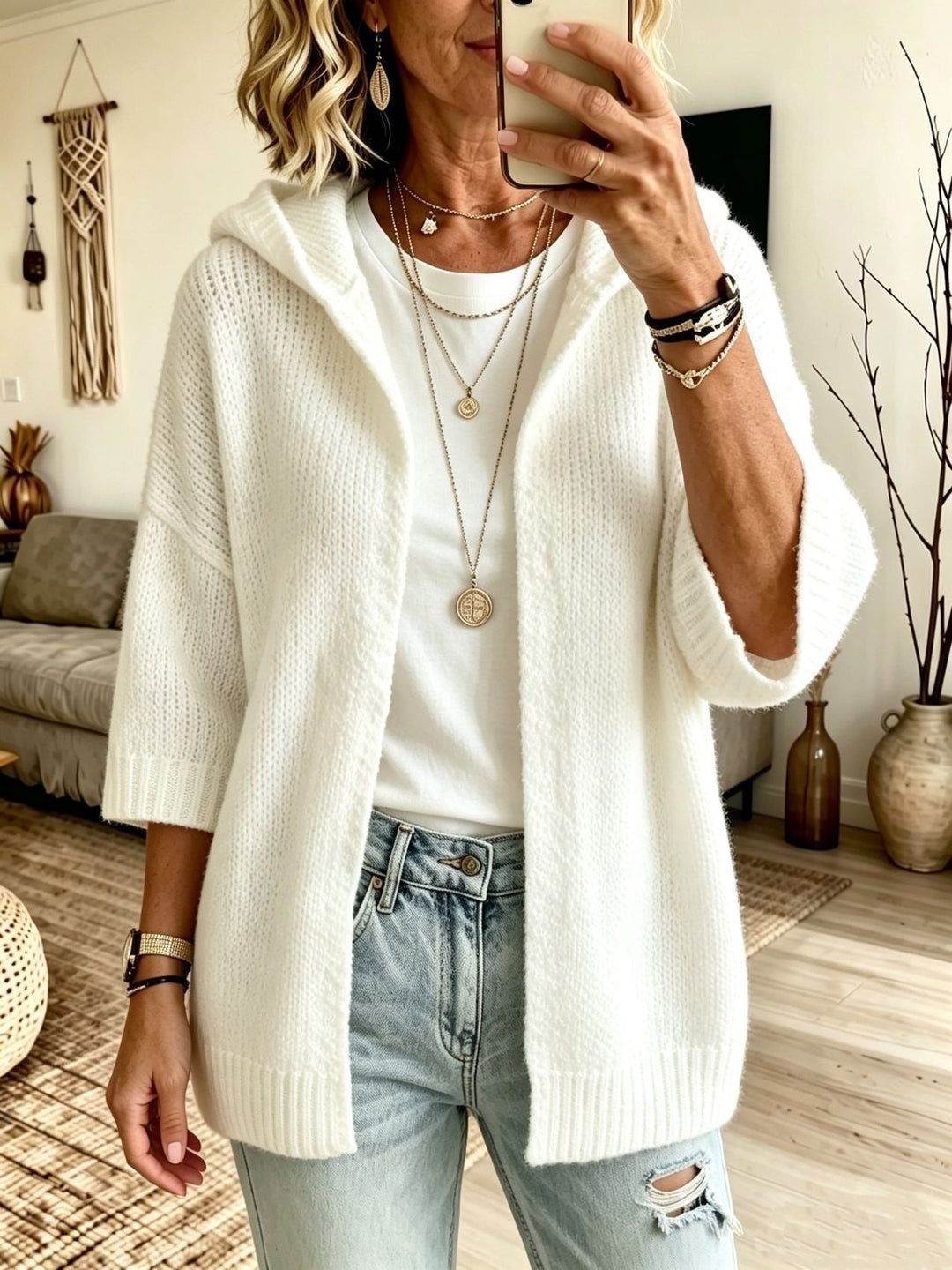 Ina Damen Kapuzen-Strickjacke mit Dreiviertelärmeln und offener Front – Weiß