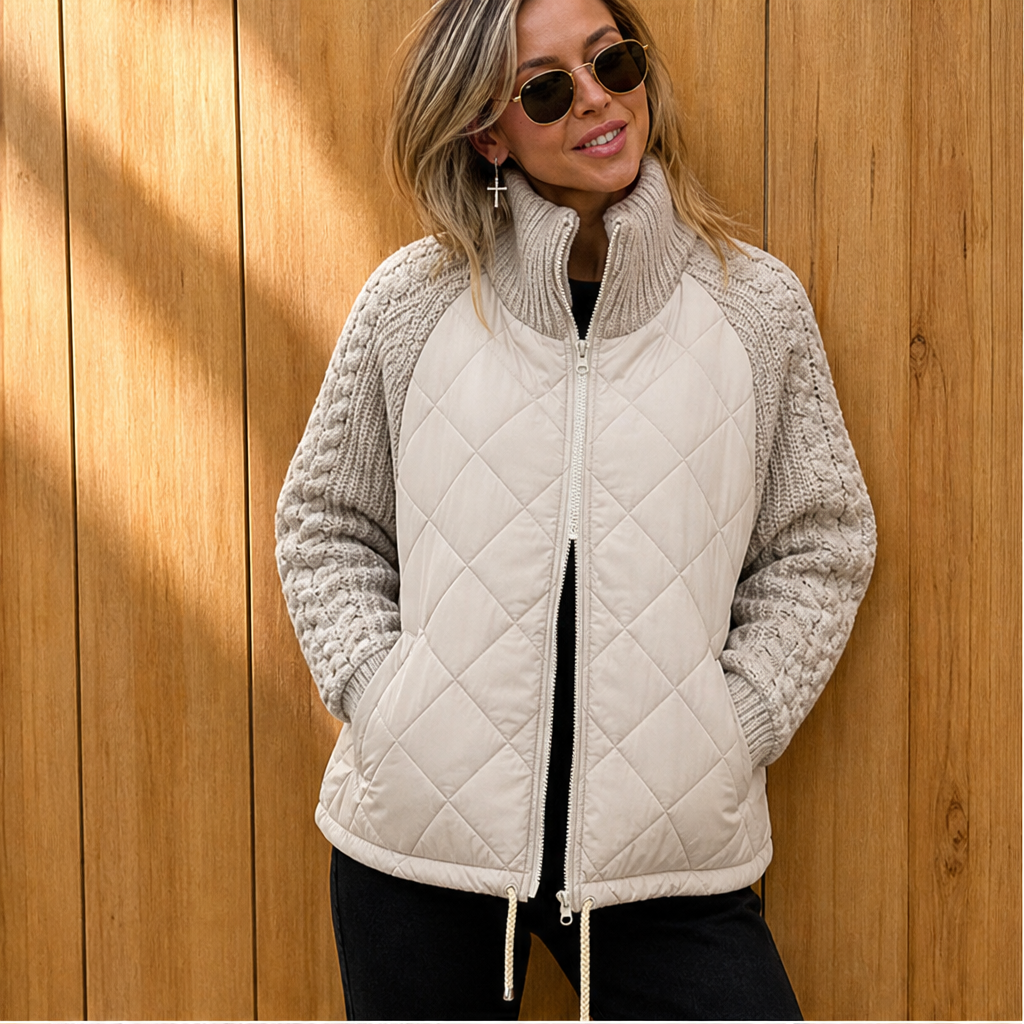 Inka Damen Steppjacke mit Zopfstrickärmeln, Rippkragen und Tunnelzugsaum