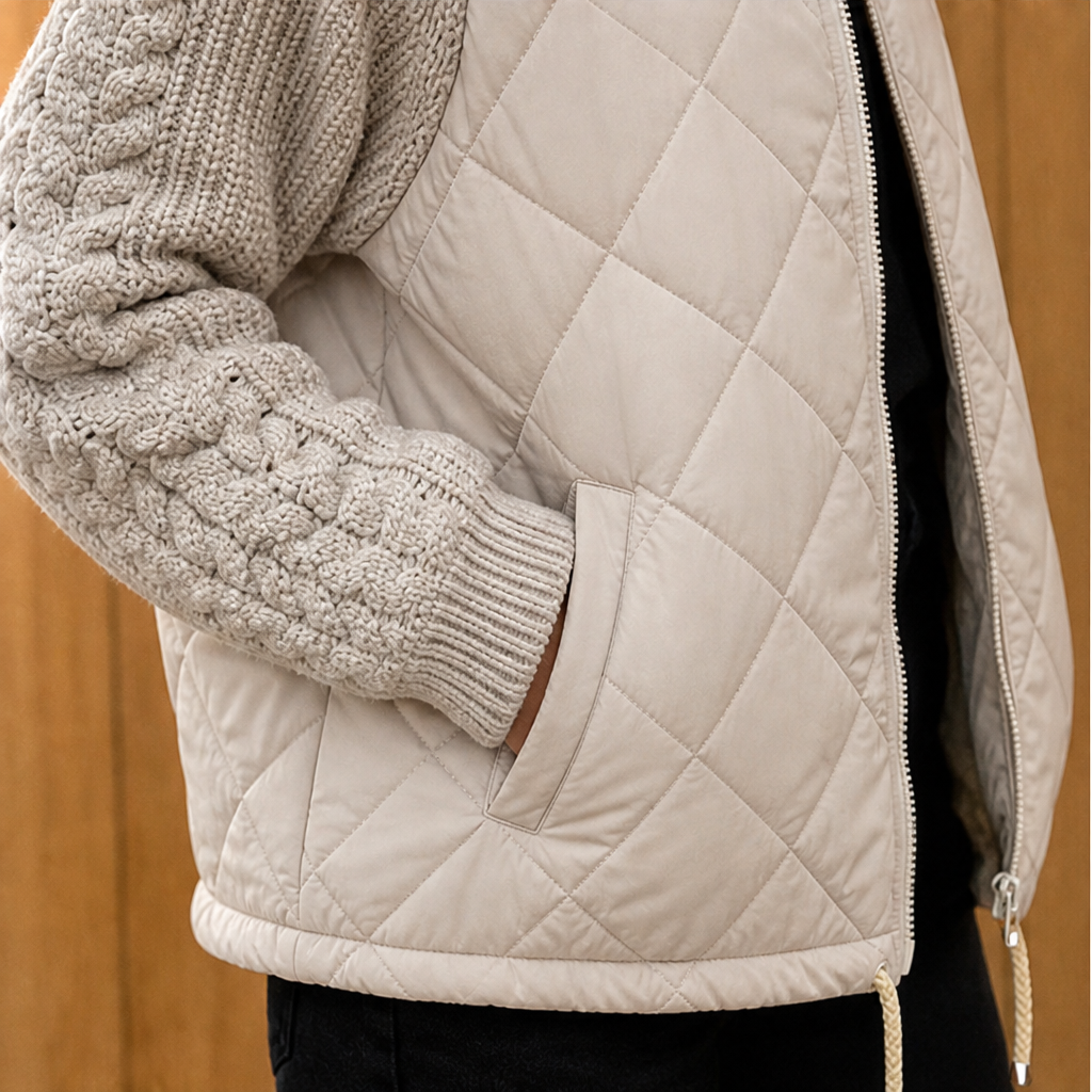 Inka Damen Steppjacke mit Zopfstrickärmeln, Rippkragen und Tunnelzugsaum