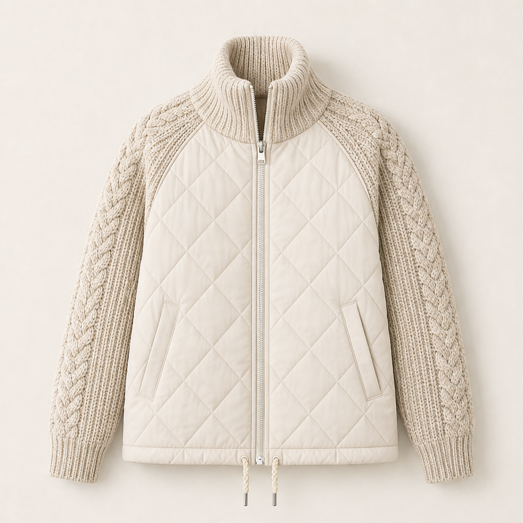 Inka Damen Steppjacke mit Zopfstrickärmeln, Rippkragen und Tunnelzugsaum – Beige
