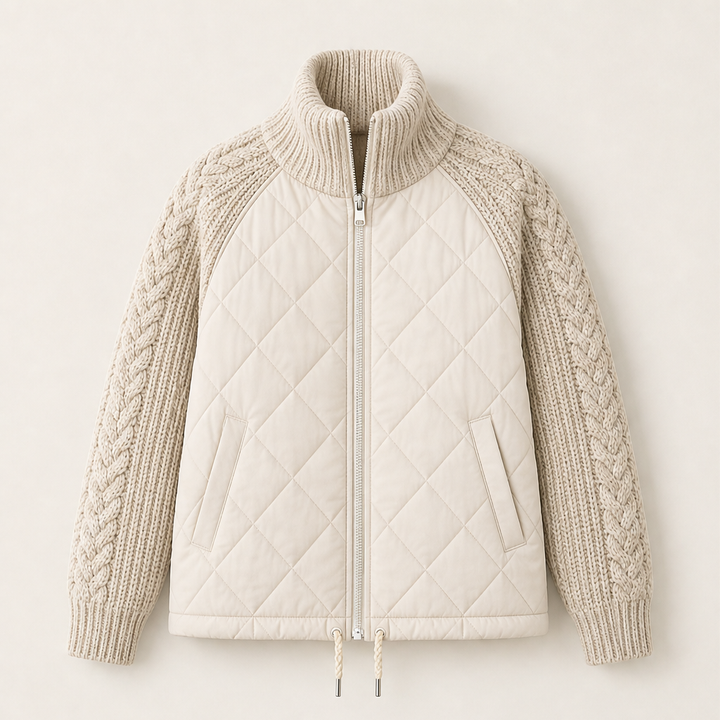 Inka Damen Steppjacke mit Zopfstrickärmeln, Rippkragen und Tunnelzugsaum – Beige