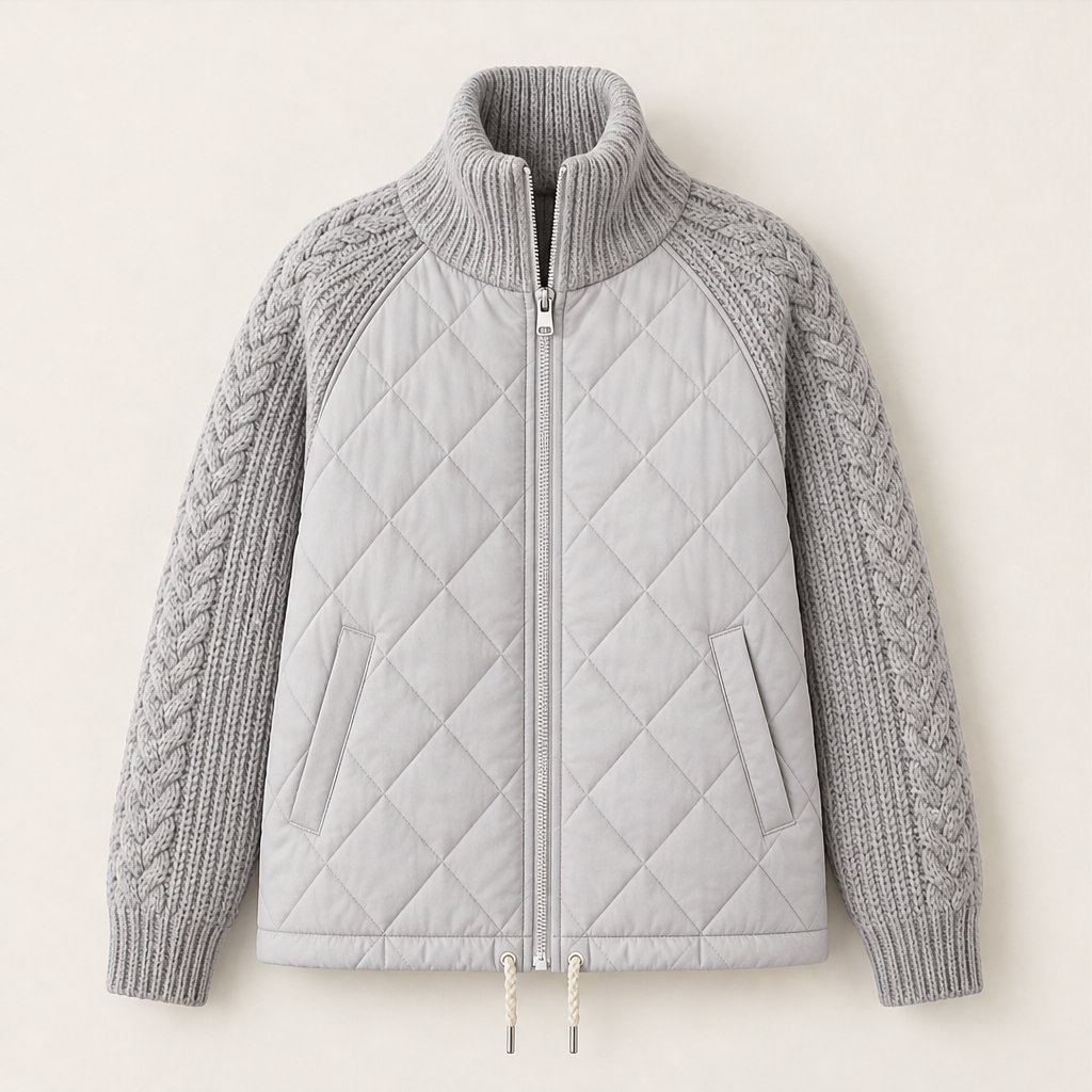 Inka Damen Steppjacke mit Zopfstrickärmeln, Rippkragen und Tunnelzugsaum – Grau