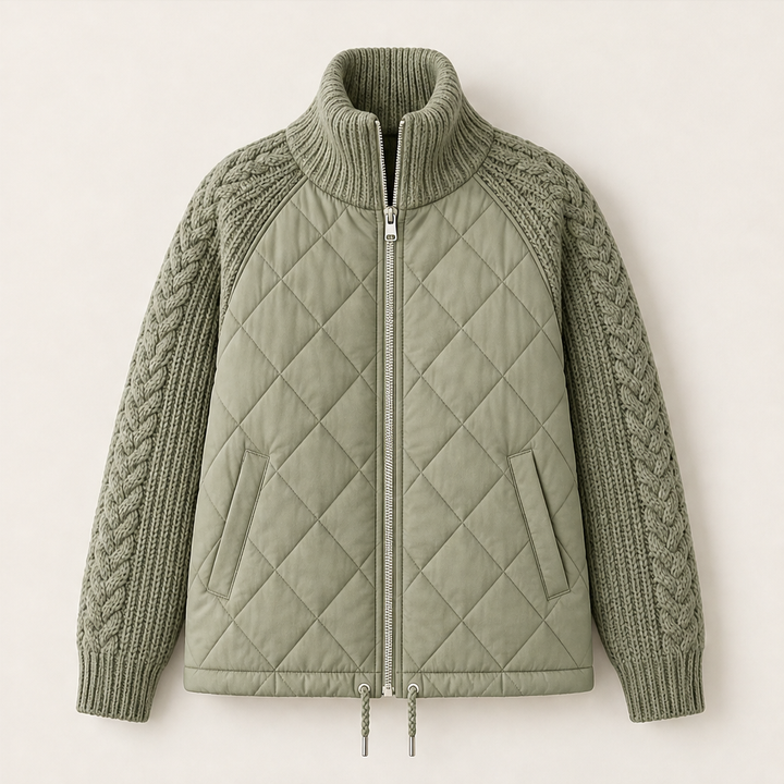 Inka Damen Steppjacke mit Zopfstrickärmeln, Rippkragen und Tunnelzugsaum – Olivgrün