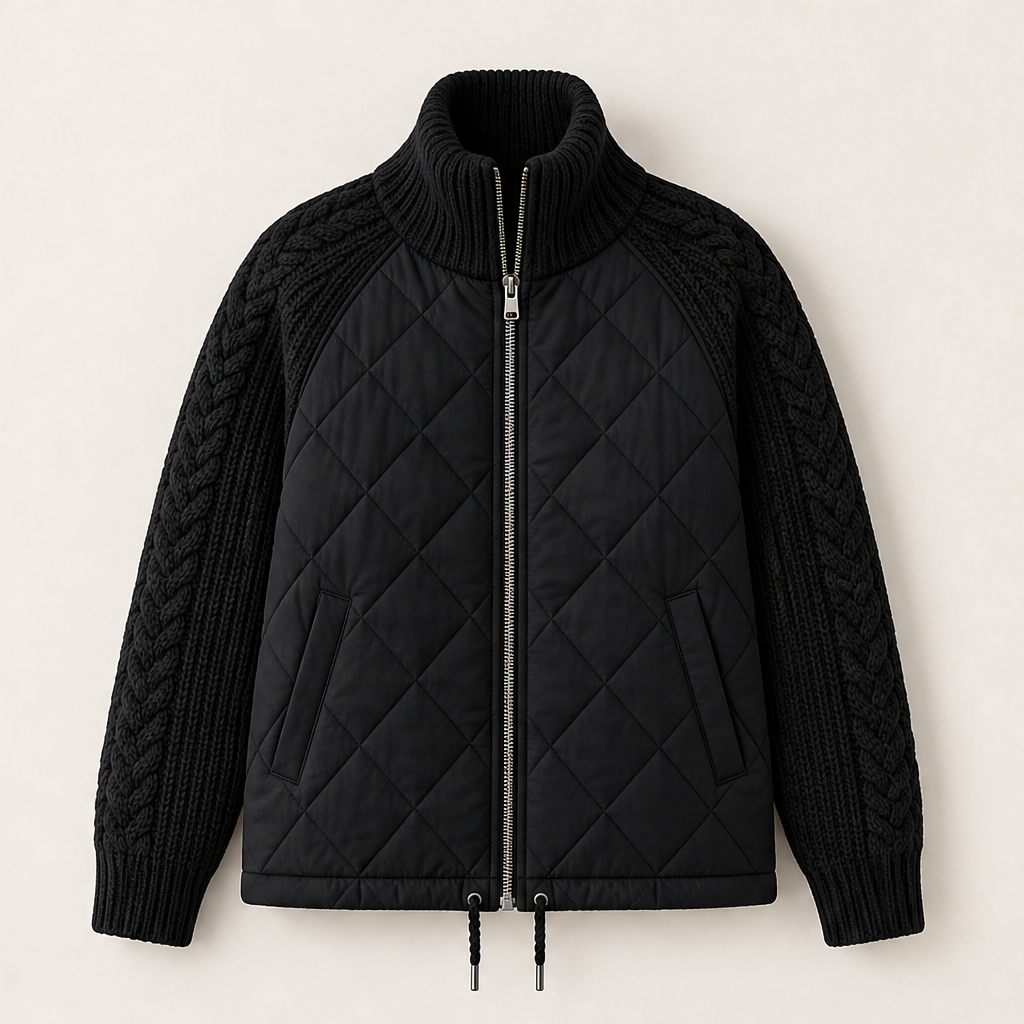 Inka Damen Steppjacke mit Zopfstrickärmeln, Rippkragen und Tunnelzugsaum – Schwarz