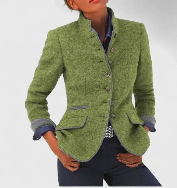 Irmgard Damen Jacke mit Stehkragen und Knopfleiste – Grün