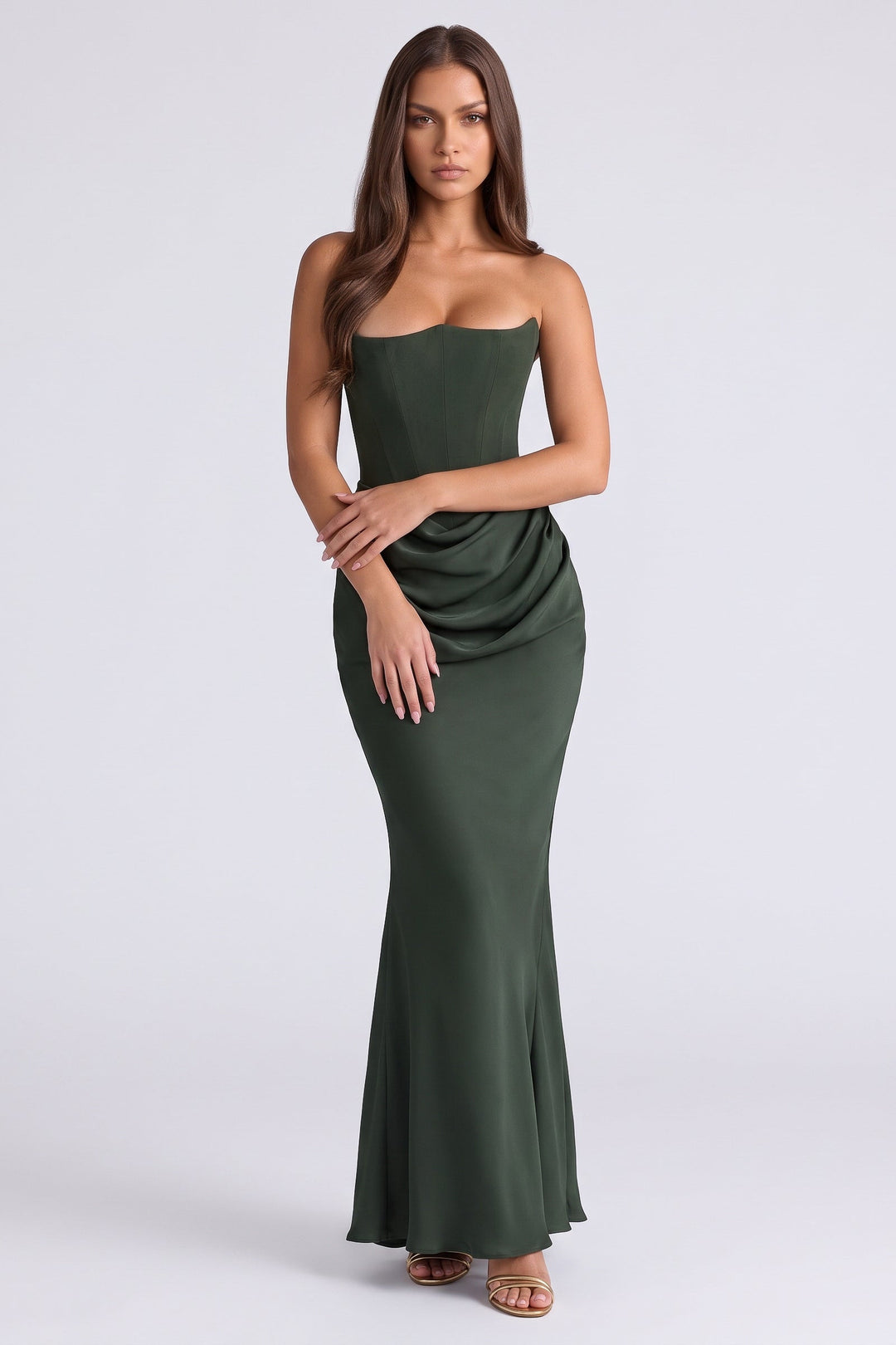 Isabell Damen trägerloses Korsett-Maxikleid mit Drapierung und Meerjungfrauensaum