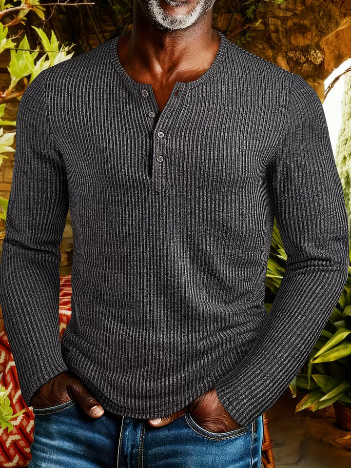 Jannik Herren Henley-Strickshirt mit Knopfleiste und Strukturmuster – Dunkelgrau