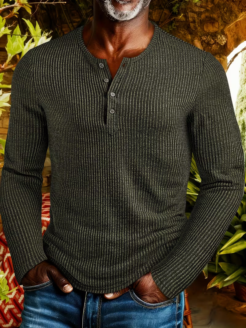 Jannik Herren Henley-Strickshirt mit Knopfleiste und Strukturmuster – Grün