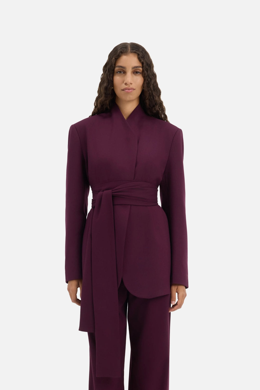 Johanna Damen Langer Blazer mit Abnehmbarem Bindegürtel – Aubergine