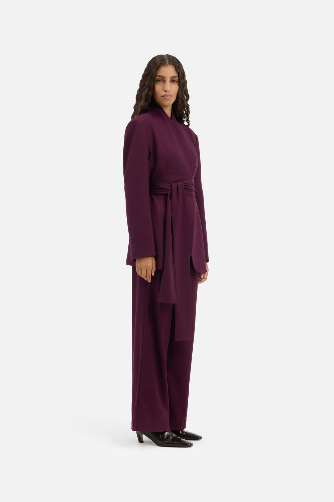 Johanna Damen Langer Blazer mit Abnehmbarem Bindegürtel – Aubergine