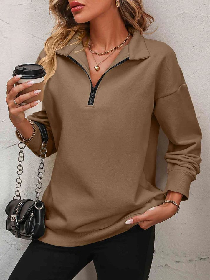 Jorinde Damen Pullover mit Troyerkragen und kurzem Reißverschluss in Camel