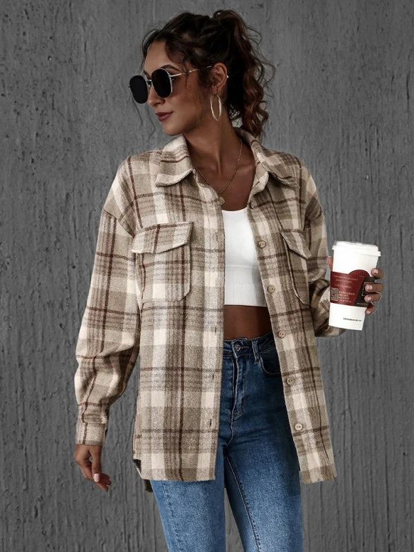 Juli Damen Oversize-Hemdjacke mit Karomuster und Klappentaschen