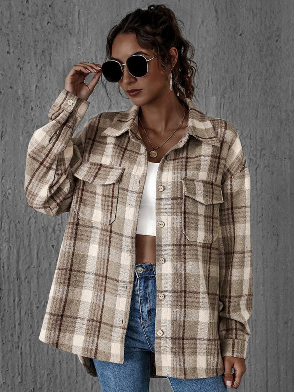 Juli Damen Oversize-Hemdjacke mit Karomuster und Klappentaschen