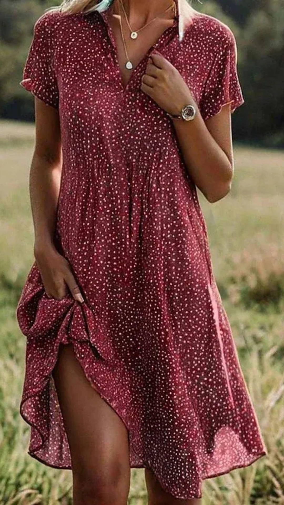 Julia | Damen Gepunktetes Kurzarm Midikleid