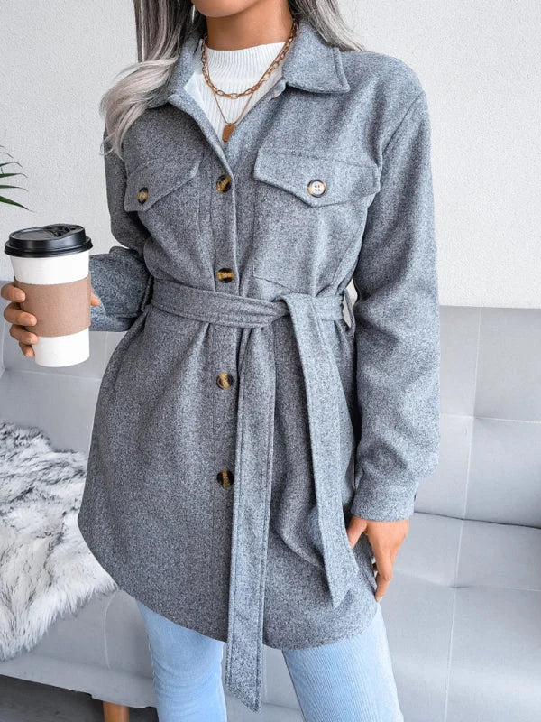 Juna | Damen langer Mantel mit Umlegekragen und Klappentaschen