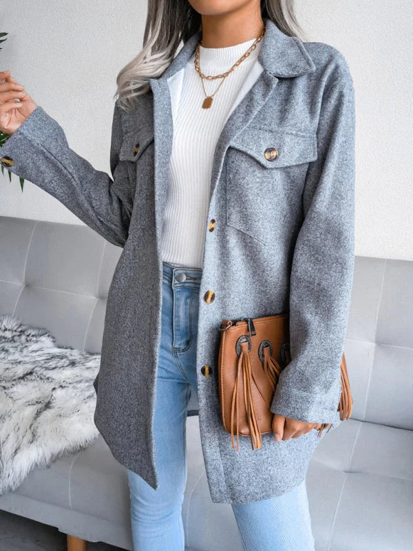 Juna | Damen langer Mantel mit Umlegekragen und Klappentaschen