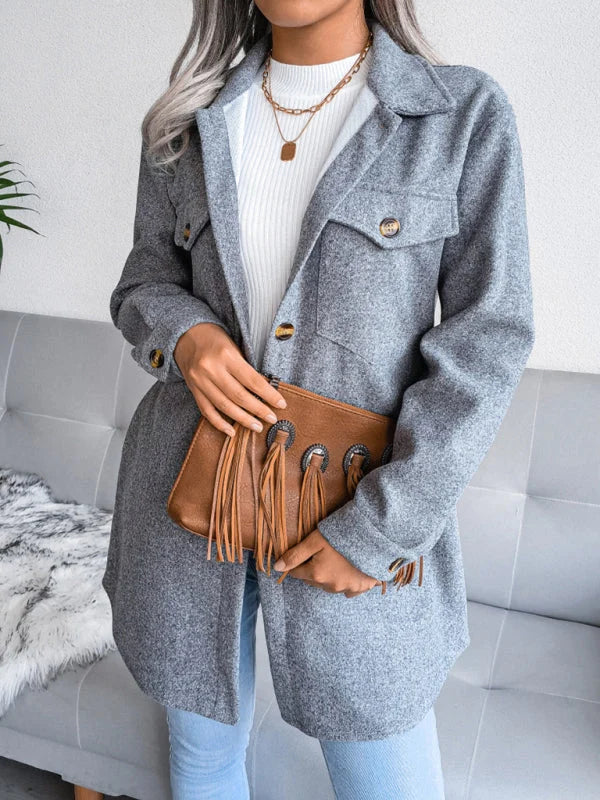 Juna | Damen langer Mantel mit Umlegekragen und Klappentaschen