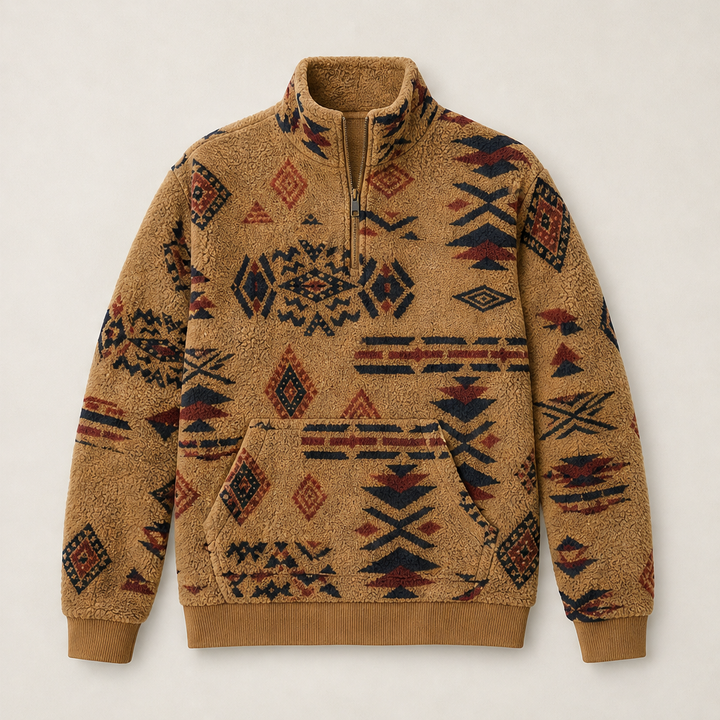 Kaja Damen Troyer-Sweatshirt mit geometrischem Muster und Kängurutasche – Camel
