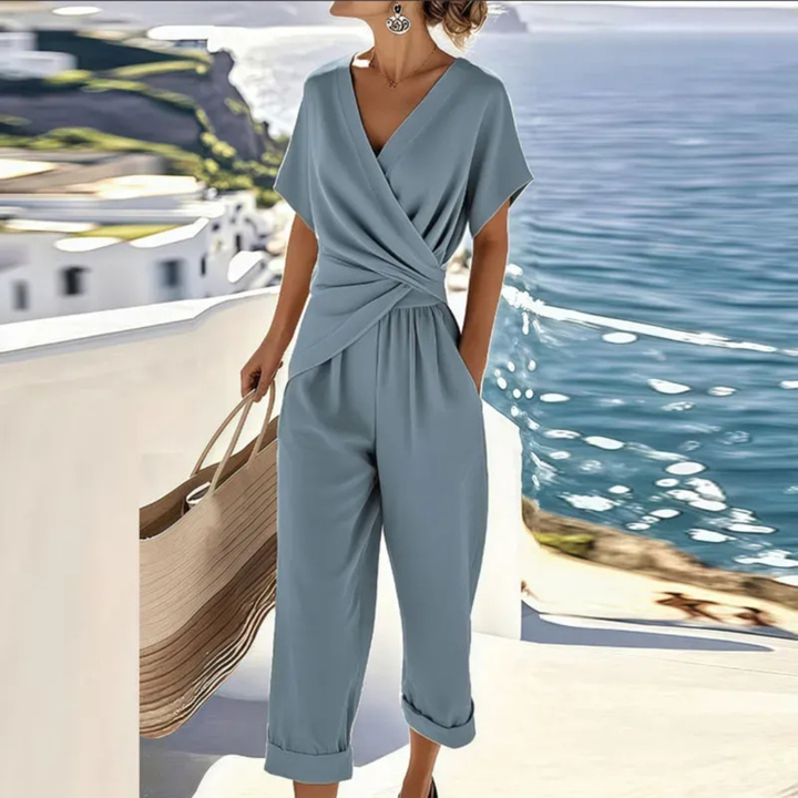 Karoline | Damen lockerer Jumpsuit mit V-Ausschnitt