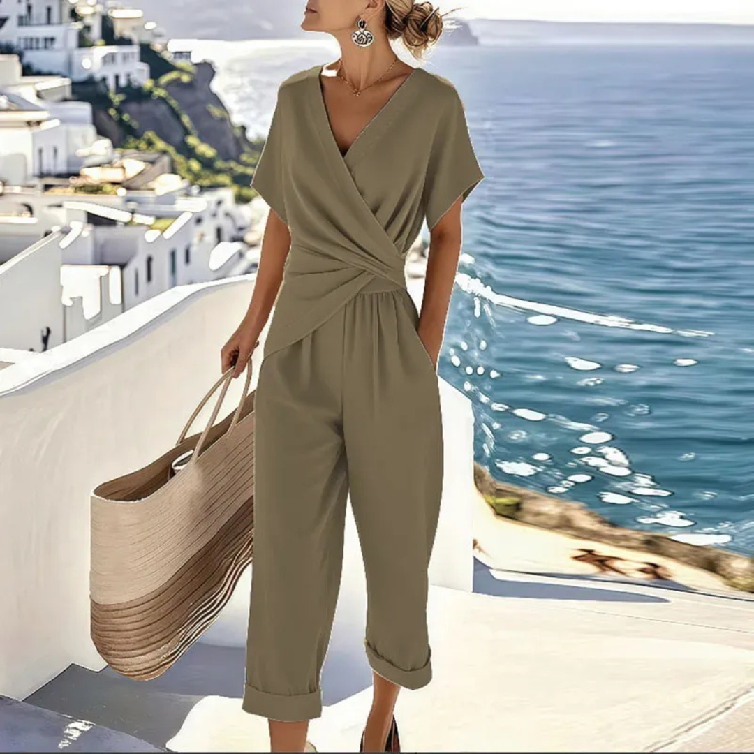 Karoline | Damen lockerer Jumpsuit mit V-Ausschnitt