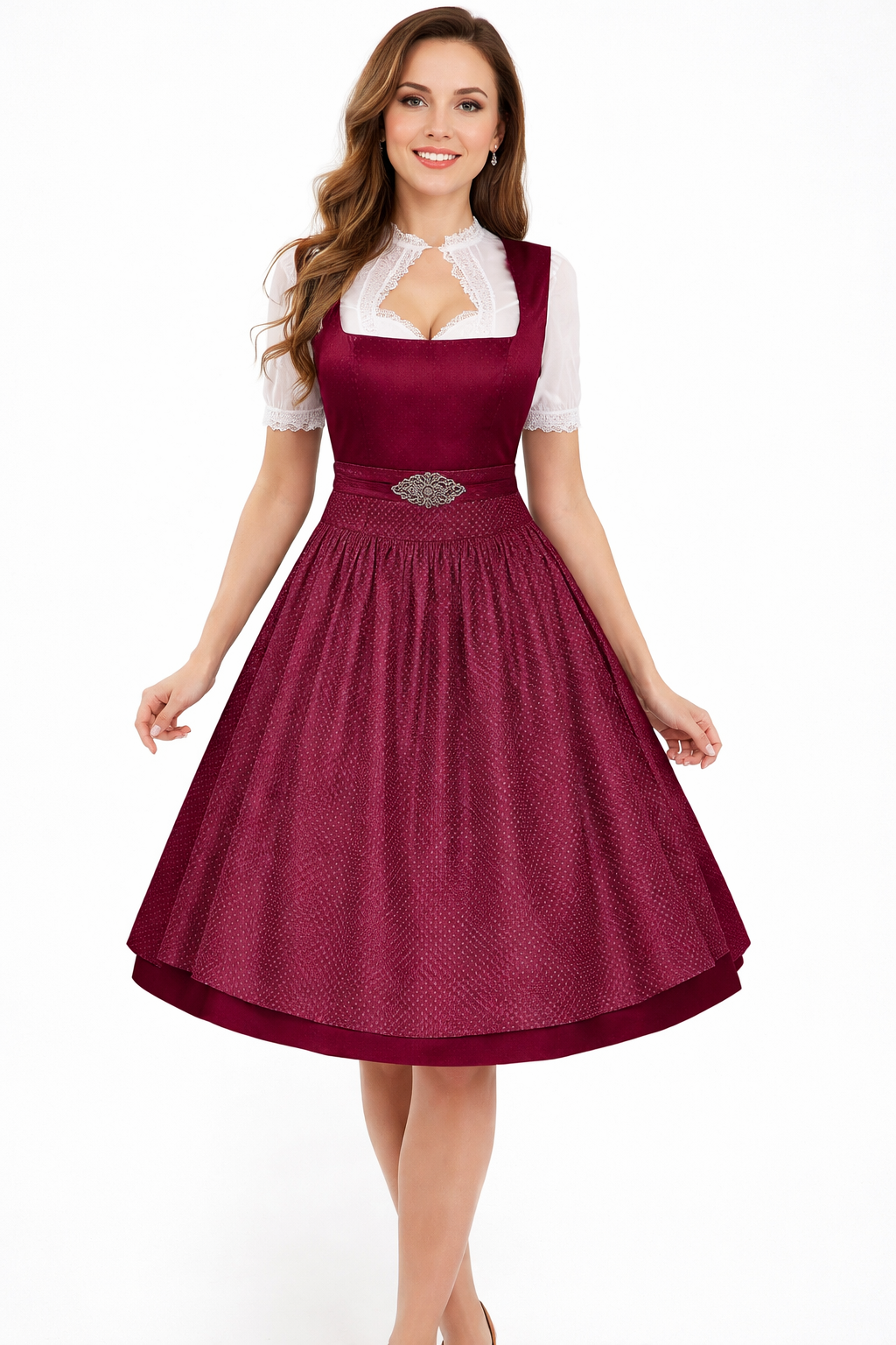Kleider Damen Dirndl mit quadratischem Ausschnitt und Reißverschluss und Midi-Länge