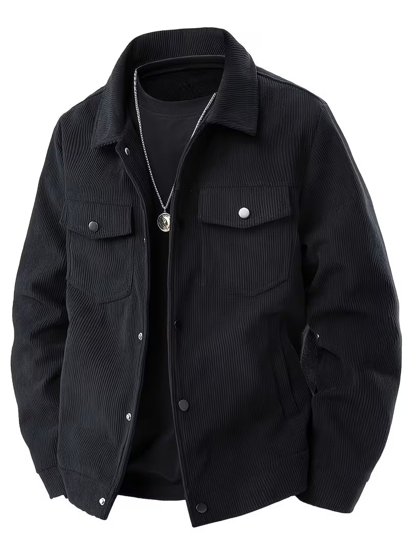 Konrad Herren Cordjacke mit Hemdkragen und Pattentaschen – Schwarz