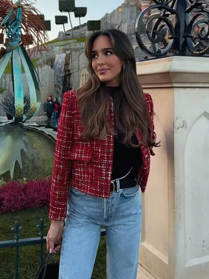 Kort damesjack met ruitpatroon en knoopsluiting