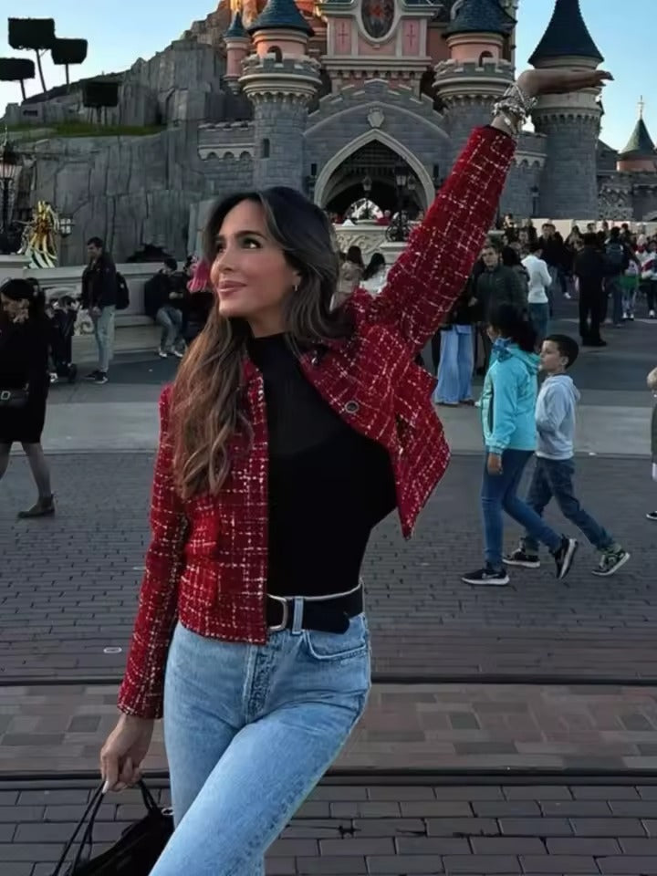 Kort damesjack met ruitpatroon en knoopsluiting