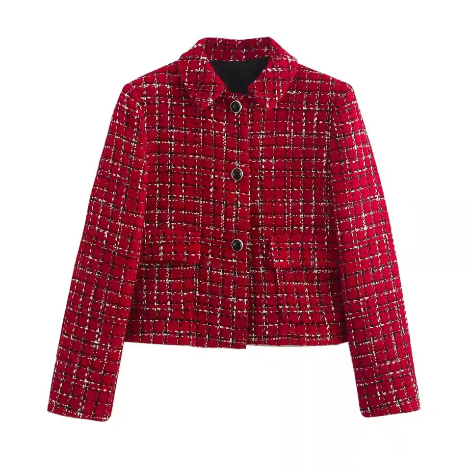 Kort damesjack met ruitpatroon en knoopsluiting