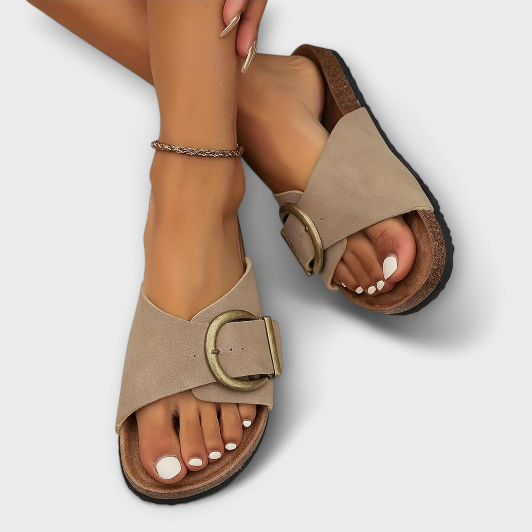 Lara | Damen Flache Kork-Sandalen mit Schnalle