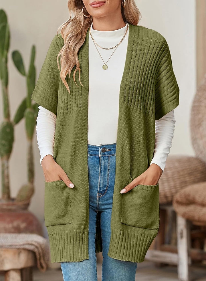 Lea Damen Kurzarm-Strickjacke mit offener Front, Faltenärmeln und Taschen – Grün