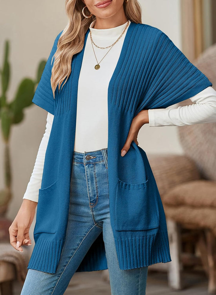 Lea Damen Kurzarm-Strickjacke mit offener Front, Faltenärmeln und Taschen – Hellblau
