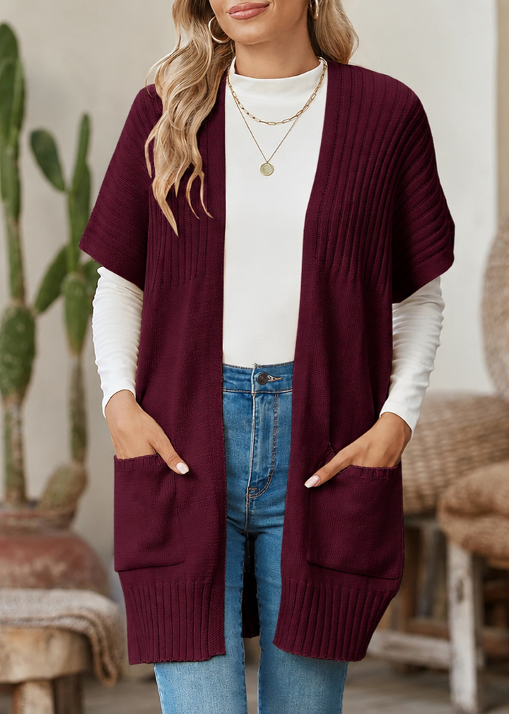 Lea Damen Kurzarm-Strickjacke mit offener Front, Faltenärmeln und Taschen – Rot