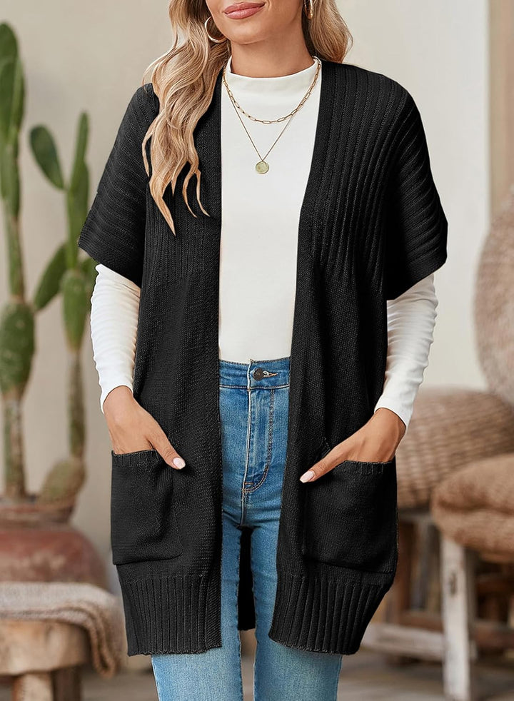 Lea Damen Kurzarm-Strickjacke mit offener Front, Faltenärmeln und Taschen – Schwarz