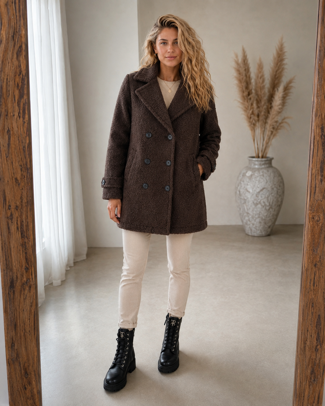 Lena Damen Gefütterte Jacke mit Drei-Knopf-Verschluss – Braun