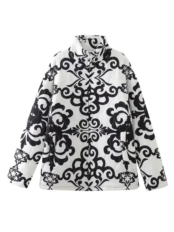Lena | Damen Oversize-Steppjacke mit Stehkragen und Blumenmuster