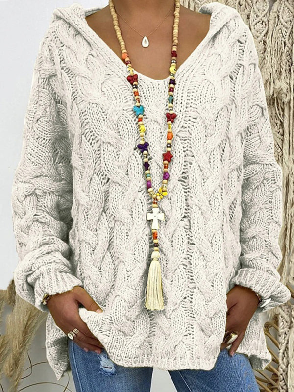 Leni | Damen Strickpullover mit Kapuze und Zopfmuster