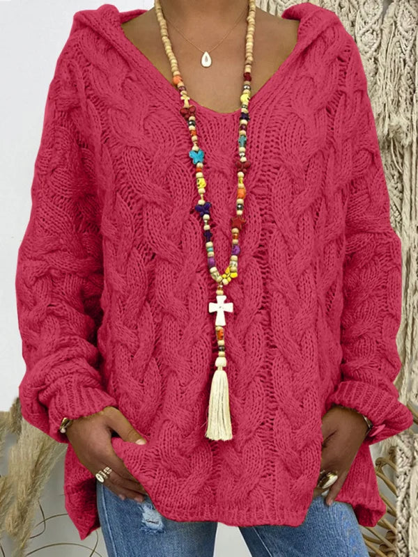 Leni | Damen Strickpullover mit Kapuze und Zopfmuster