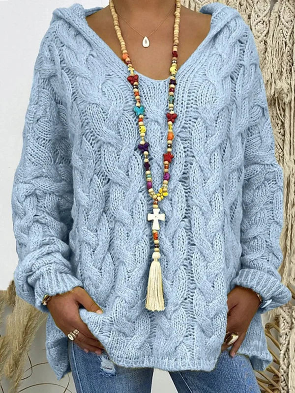 Leni | Damen Strickpullover mit Kapuze und Zopfmuster