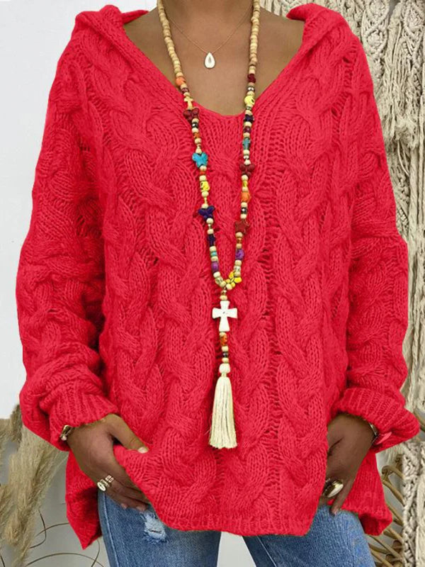 Leni | Damen Strickpullover mit Kapuze und Zopfmuster