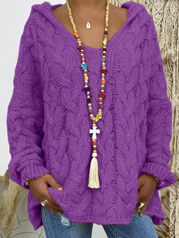 Leni | Damen Strickpullover mit Kapuze und Zopfmuster