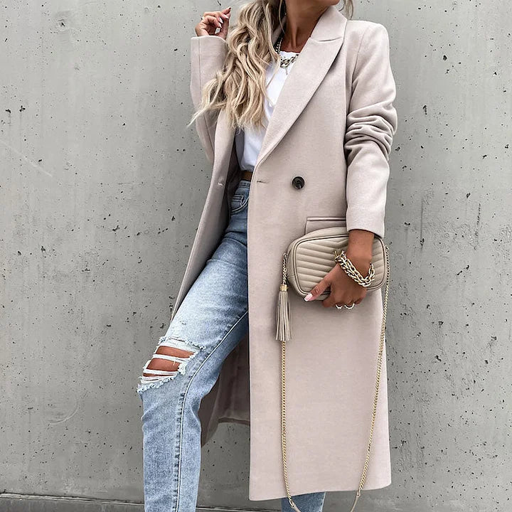Leonie Damen langer Wintermantel mit Reverskragen – Beige