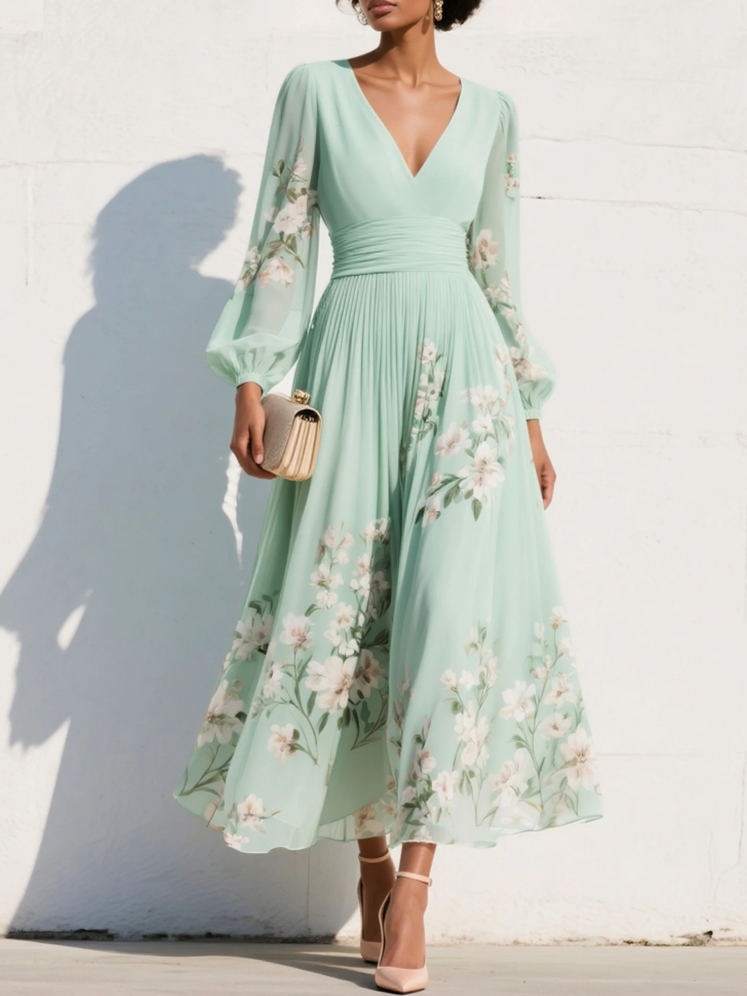 Leonora | Damen Romantisches Midi Kleid mit V-Ausschnitt