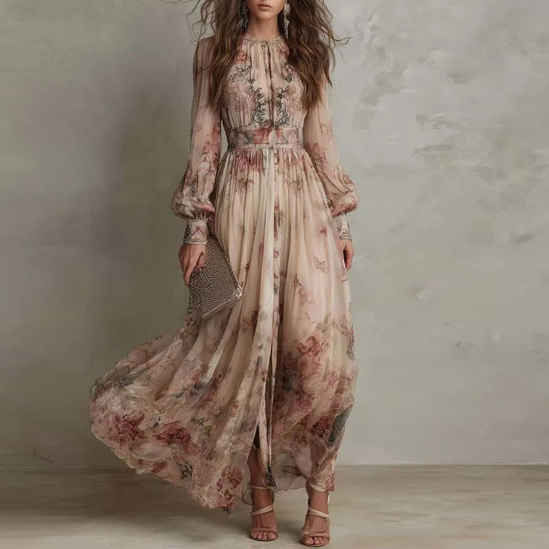 Liesel Damen Maxikleid mit Vintage-Blumenmuster, V-Ausschnitt und hoher Taille